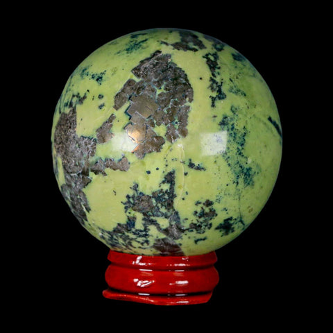 XL 59MM Natural Green & Yellow Serpentine Pyrite Sphere Ball Orb Peru Stand - Fossil Age Minerals