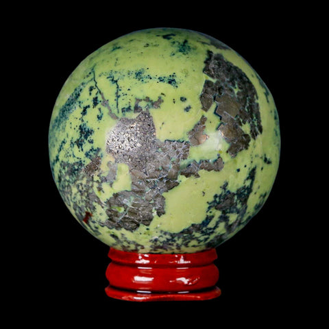 XL 59MM Natural Green & Yellow Serpentine Pyrite Sphere Ball Orb Peru Stand - Fossil Age Minerals