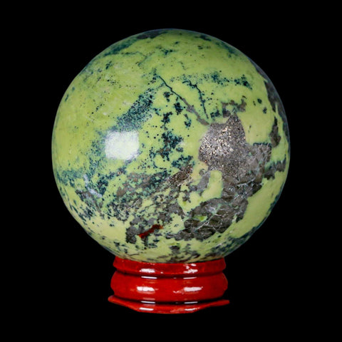 XL 59MM Natural Green & Yellow Serpentine Pyrite Sphere Ball Orb Peru Stand - Fossil Age Minerals