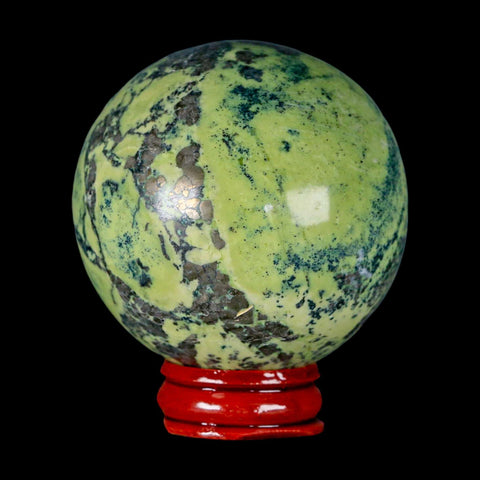 XL 59MM Natural Green & Yellow Serpentine Pyrite Sphere Ball Orb Peru Stand - Fossil Age Minerals