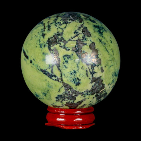 XL 59MM Natural Green & Yellow Serpentine Pyrite Sphere Ball Orb Peru Stand - Fossil Age Minerals