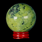 53MM Natural Green & Yellow Serpentine Pyrite Sphere Ball Orb Peru Stand