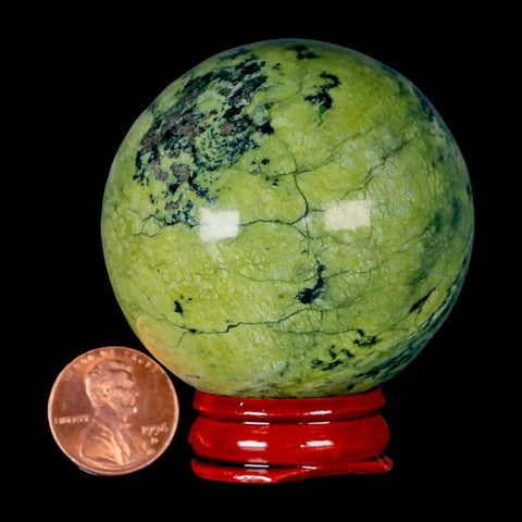 53MM Natural Green & Yellow Serpentine Pyrite Sphere Ball Orb Peru Stand - Fossil Age Minerals