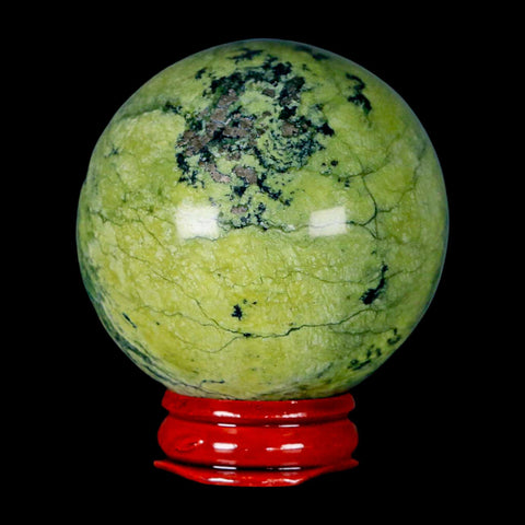 53MM Natural Green & Yellow Serpentine Pyrite Sphere Ball Orb Peru Stand - Fossil Age Minerals