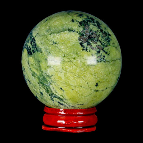 53MM Natural Green & Yellow Serpentine Pyrite Sphere Ball Orb Peru Stand - Fossil Age Minerals