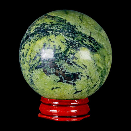 53MM Natural Green & Yellow Serpentine Pyrite Sphere Ball Orb Peru Stand