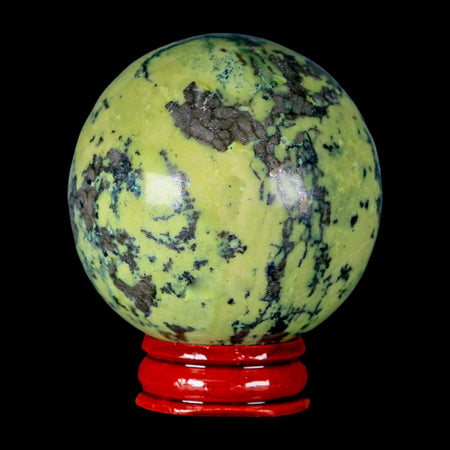 XL 54MM Natural Green & Yellow Serpentine Pyrite Sphere Ball Orb Peru Stand