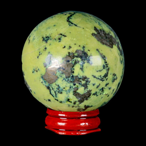 XL 54MM Natural Green & Yellow Serpentine Pyrite Sphere Ball Orb Peru Stand - Fossil Age Minerals