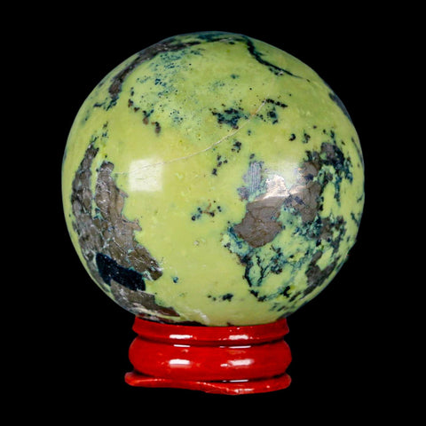 XL 54MM Natural Green & Yellow Serpentine Pyrite Sphere Ball Orb Peru Stand - Fossil Age Minerals